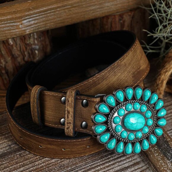 Threaded Pear Western Turquoise Decor Genuine Leather Belt - Picture 1 of 5